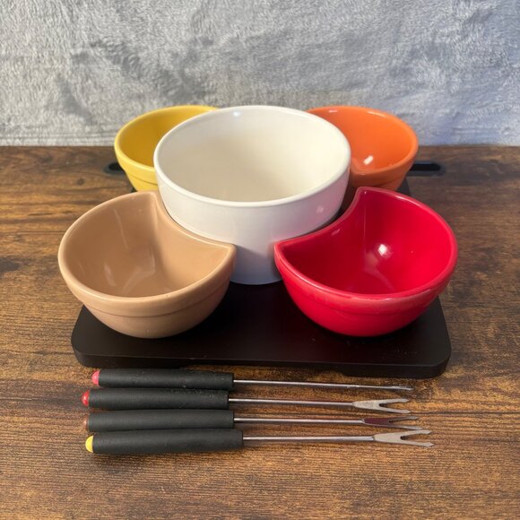 Pier One Imports Vintage Stoneware Fondue Set Bowl Stand Forks & Tray Multicolo - Picture 4 of 10